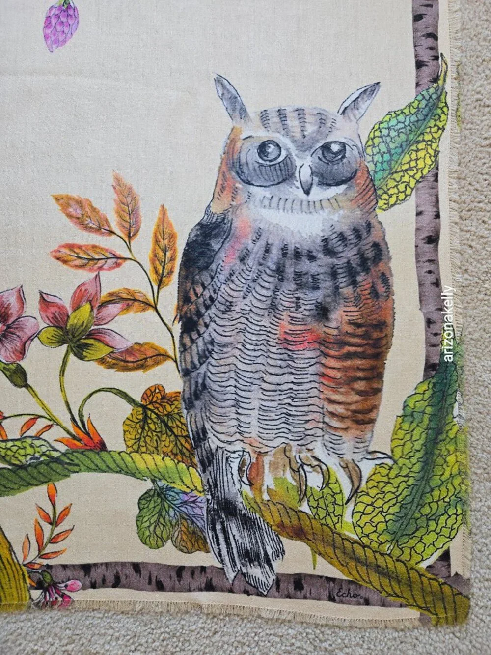 NWOT Echo Wool & Silk Large Square Scarf Owls Hoot Bird